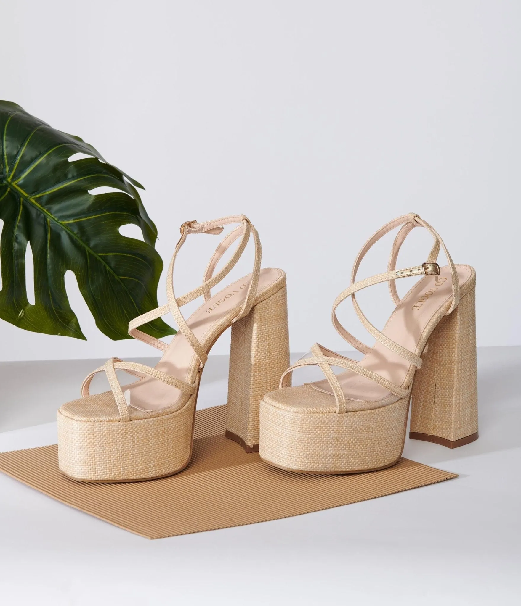 Beige Rattan Platform Sandals