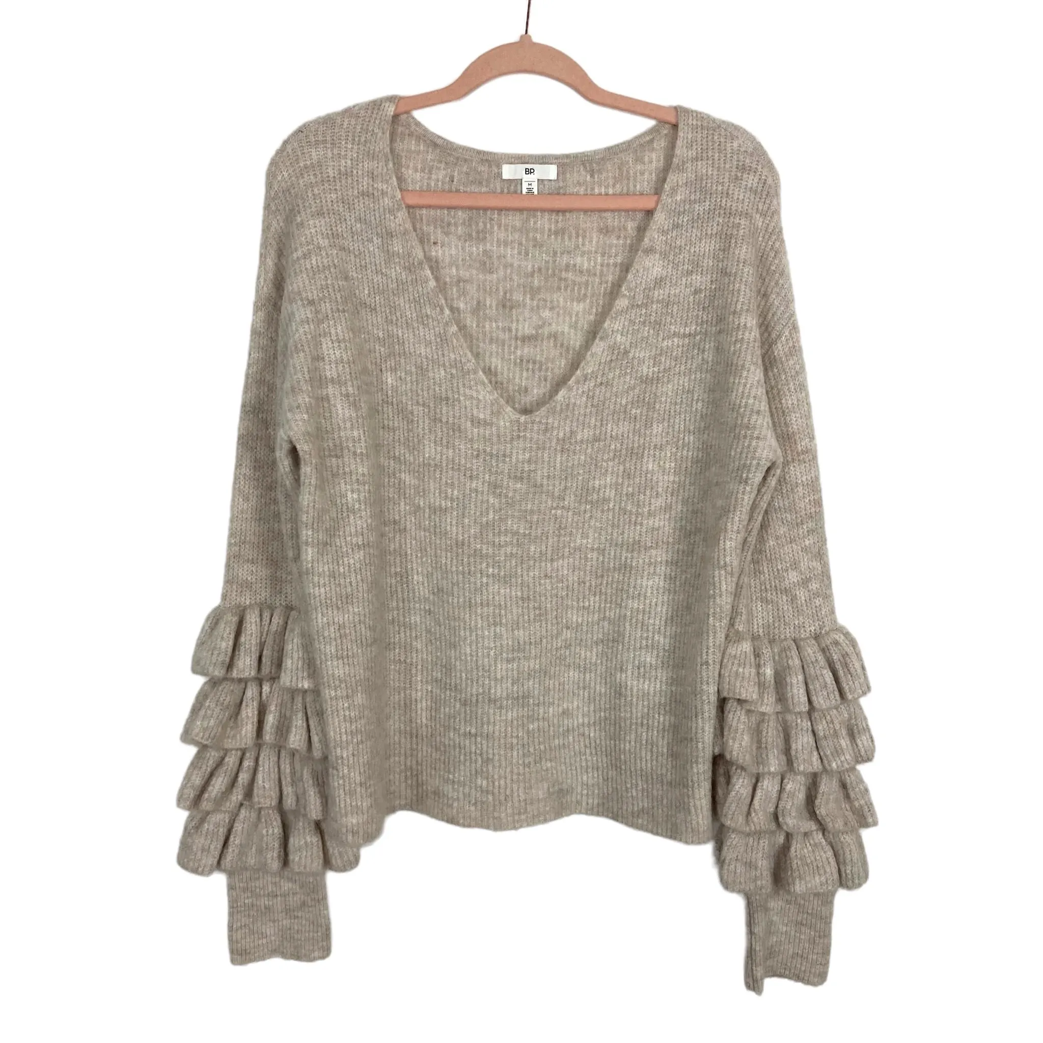 BP Oatmeal Ruffle Sleeve V-Neck Sweater- Size M (sold out online)