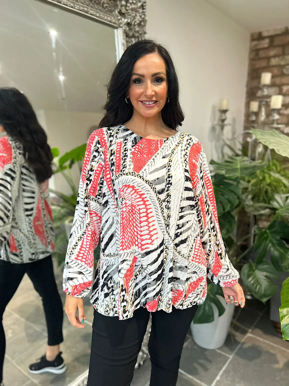 Coral Multi Pattern Pleated Blouse Evie