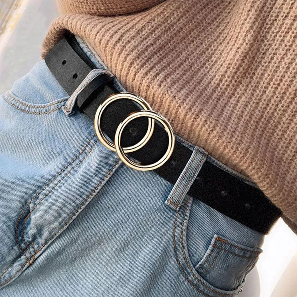 Double Ring Circle Button Belt Leisure Leather Belt