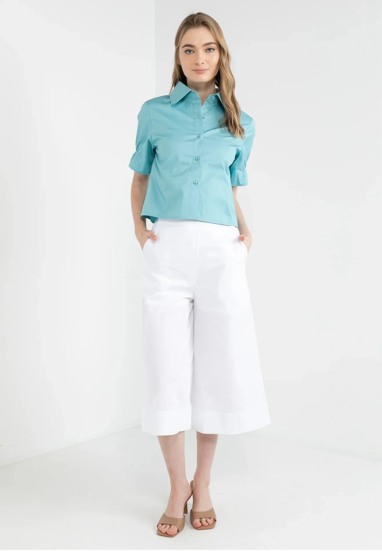 ELLE Apparel Ruffle Sleeves Collar Neck Shirt