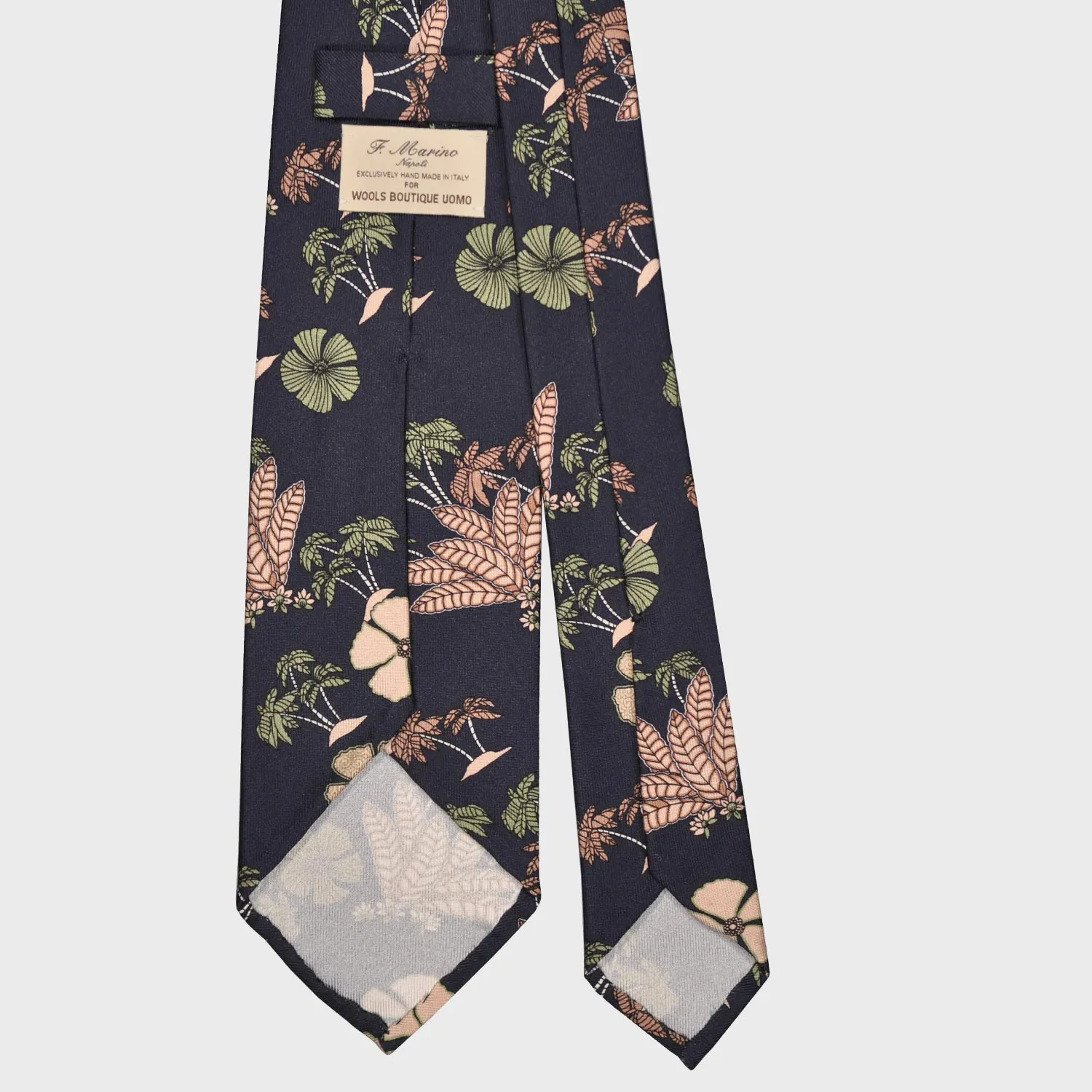 F.Marino Jungle Hawaiian Silk Tie 3 Folds Dark Blue