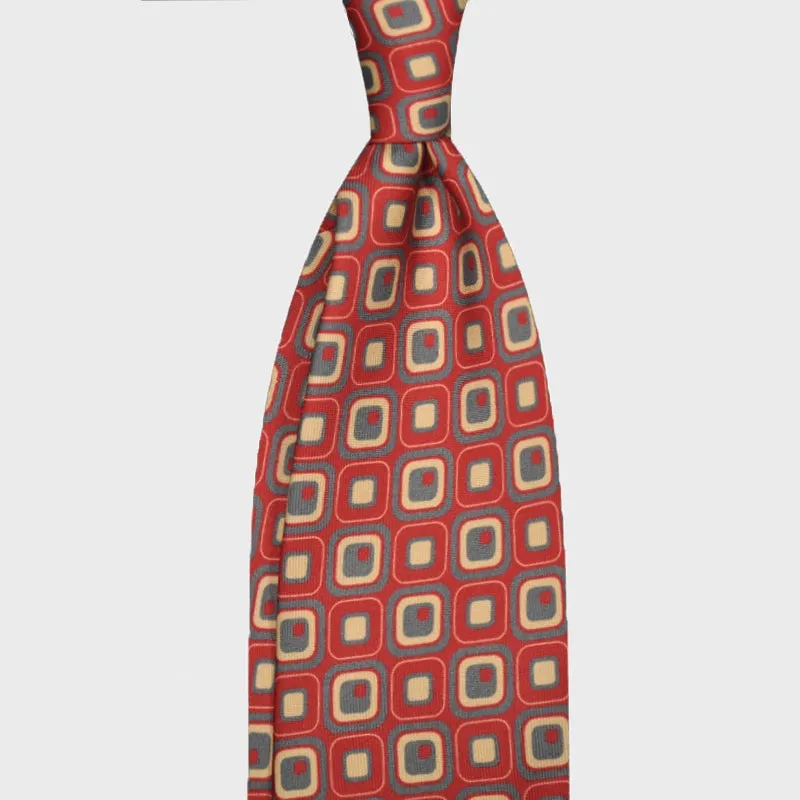 F.Marino Silk Tie 3 Folds Vintage Style 60s Squares Cherry Red