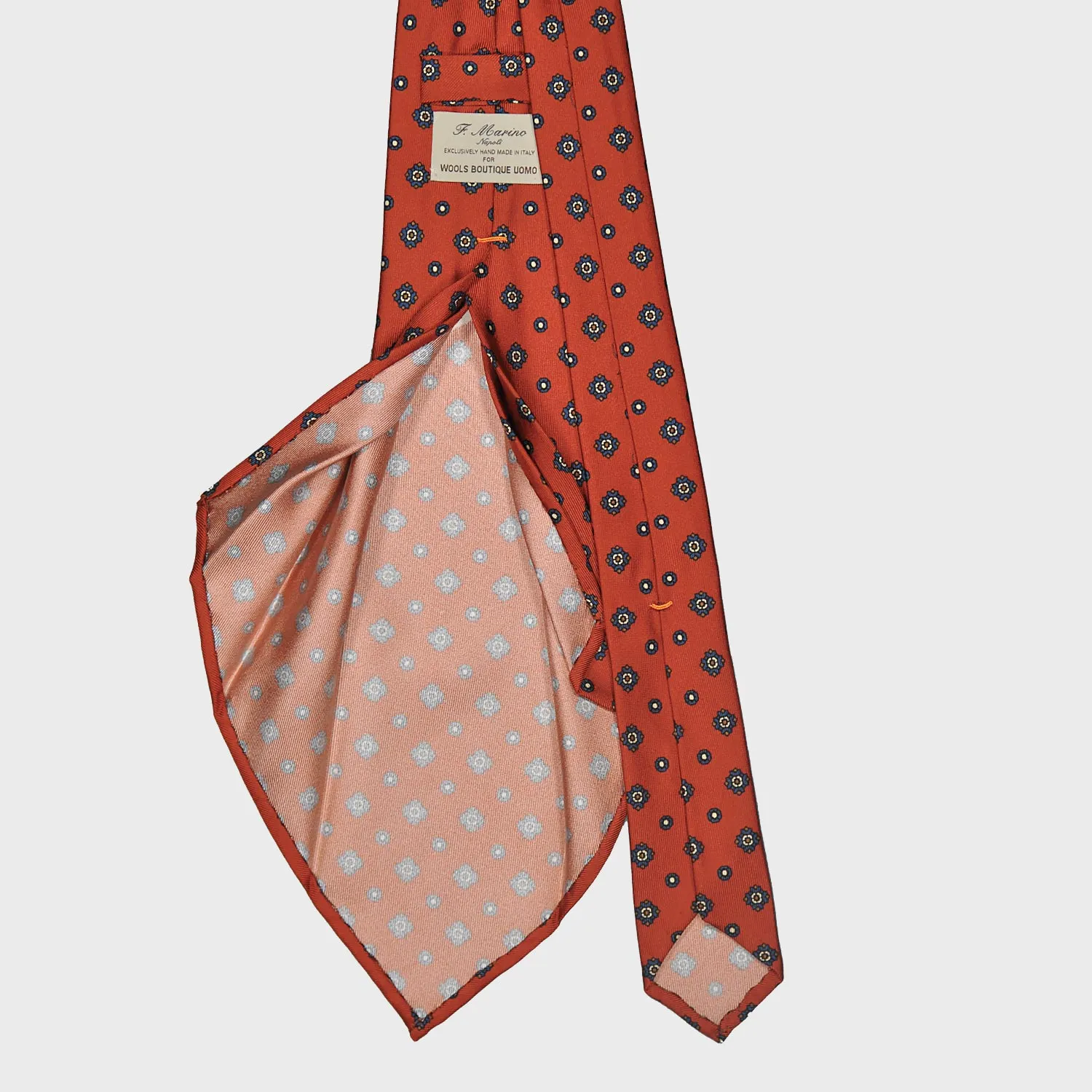 F.Marino Silk Tie 7 Folds Diamonds Lobster Orange