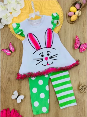 Girls Easter Flutter Sleeve Ruffled Mesh Bunny Tunic And Legging Set