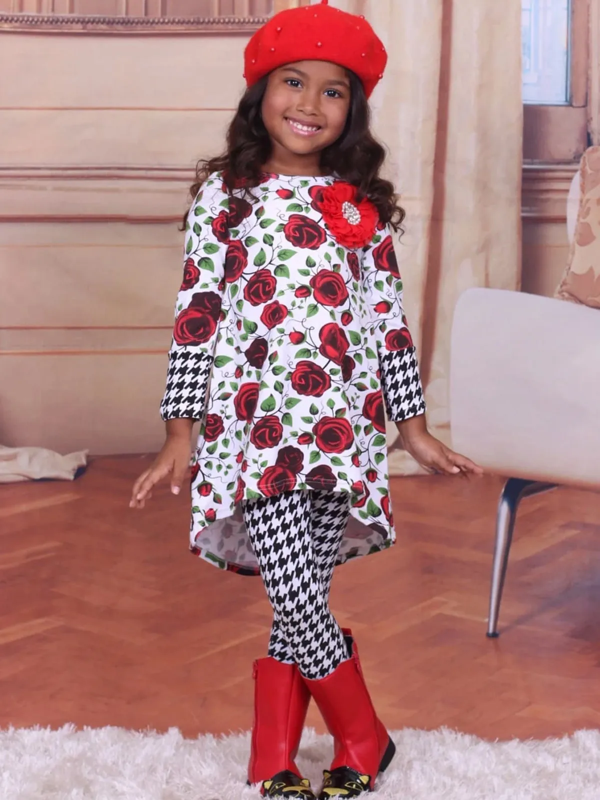 Girls Rose And Houndstooth Hi-Lo Cuffed Tunic and Legging Set