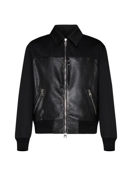 LEATHER RAFFIA CONTRASTED BOMBER JACKET.