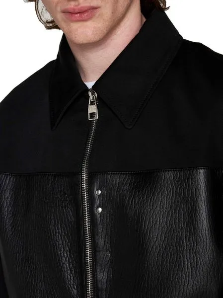 LEATHER RAFFIA CONTRASTED BOMBER JACKET.