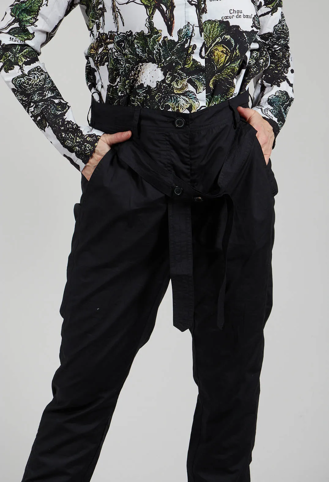 Lightweight Trousers with Button Detail Belt in Black