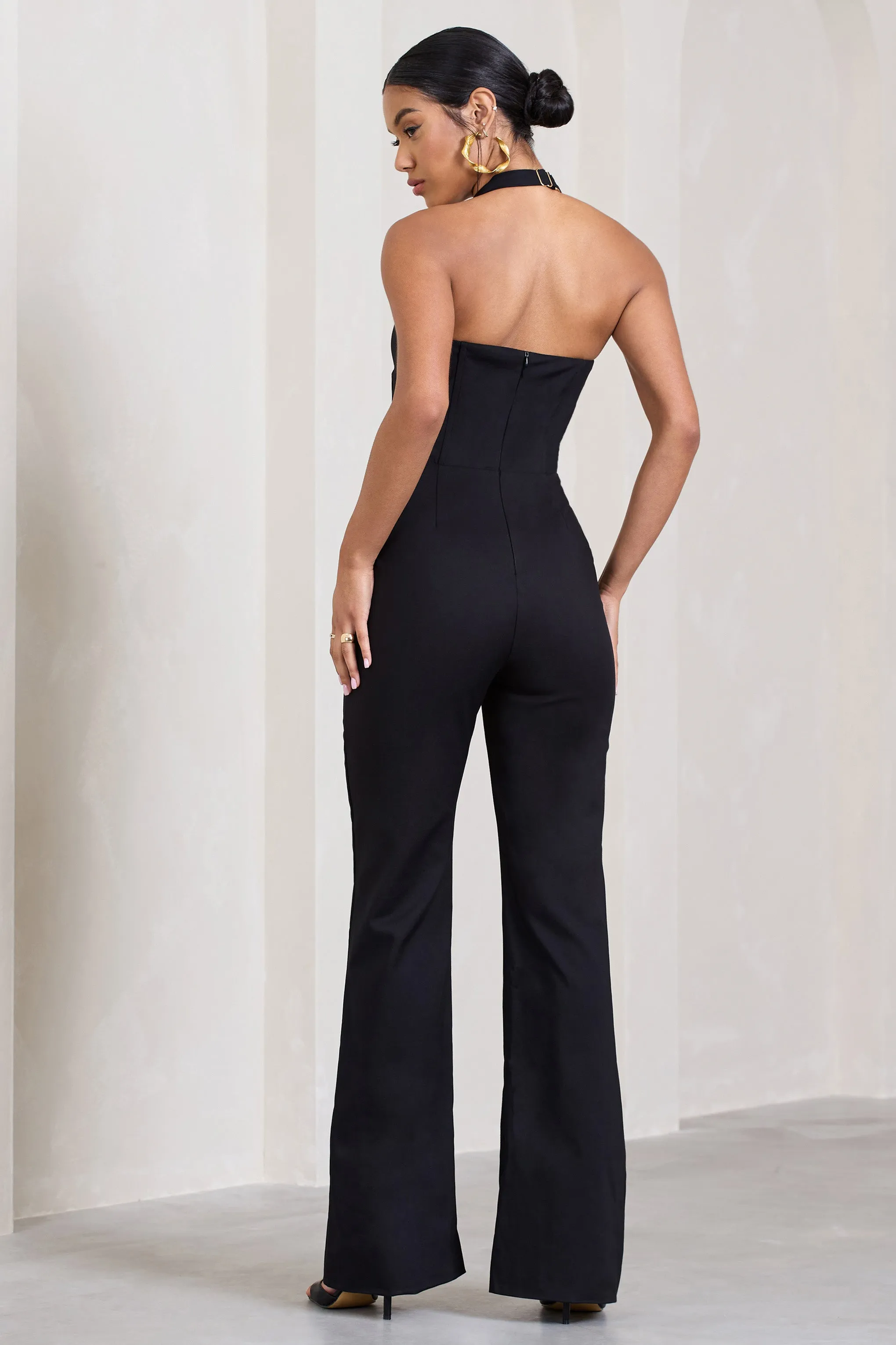 Margherita | Black Halter-Neck Corset Wide-Leg Jumpsuit