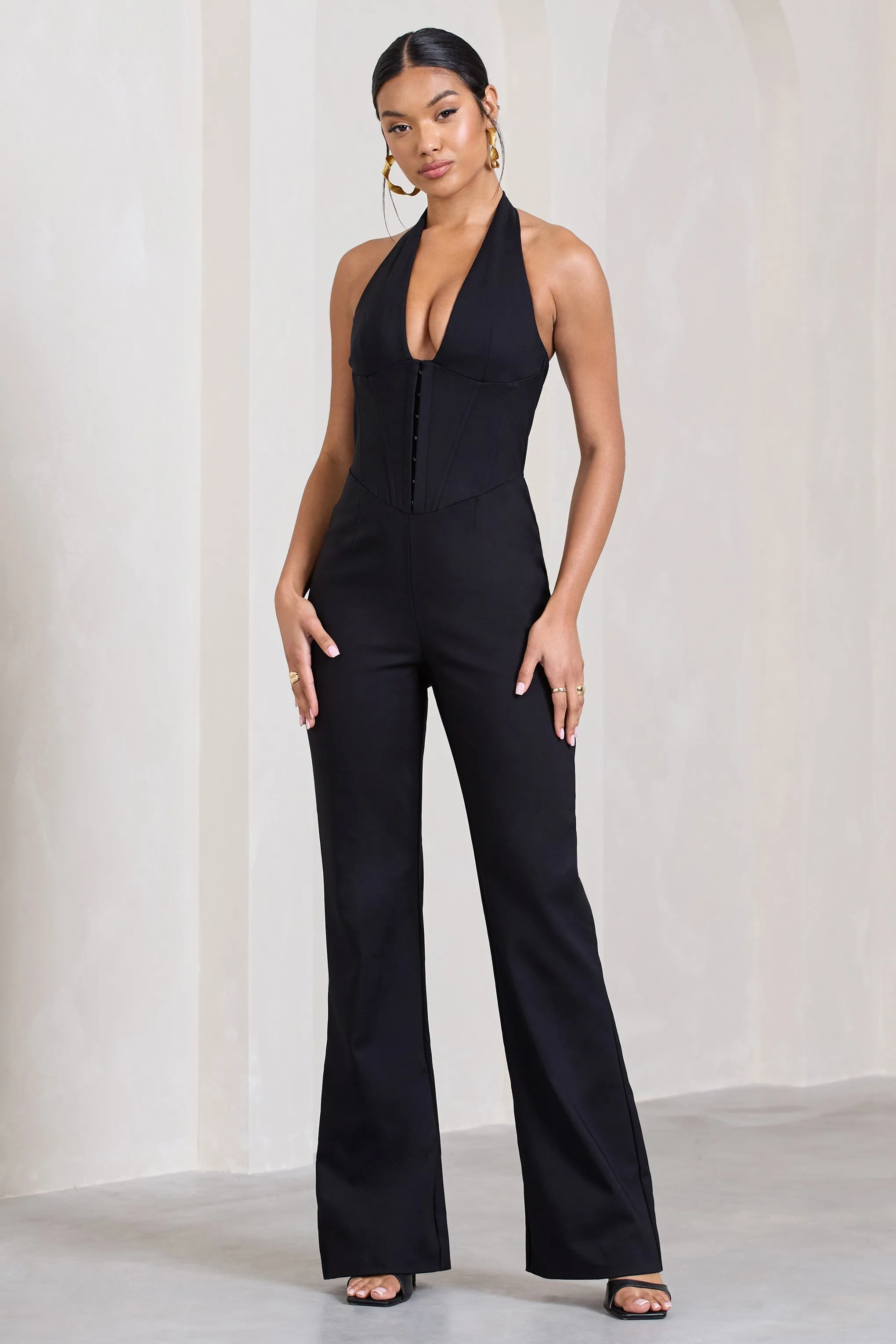 Margherita | Black Halter-Neck Corset Wide-Leg Jumpsuit