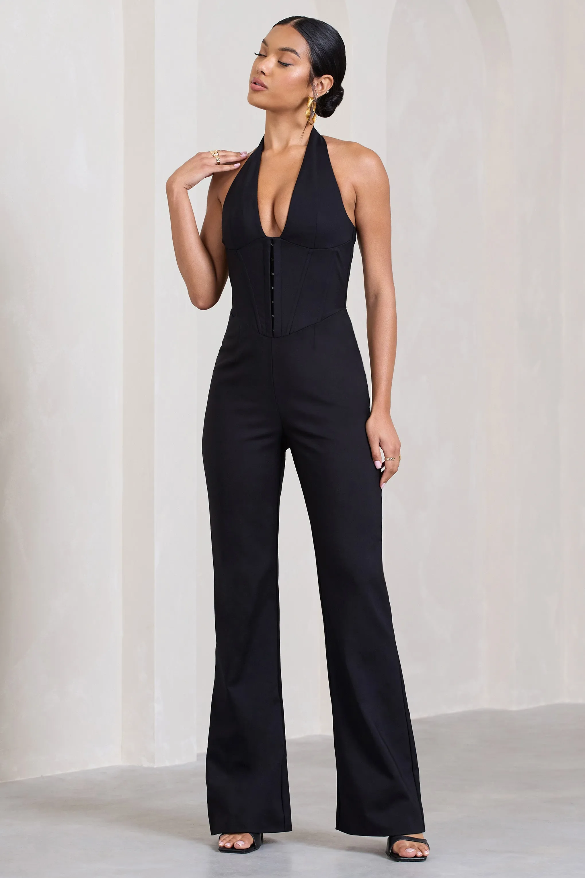 Margherita | Black Halter-Neck Corset Wide-Leg Jumpsuit