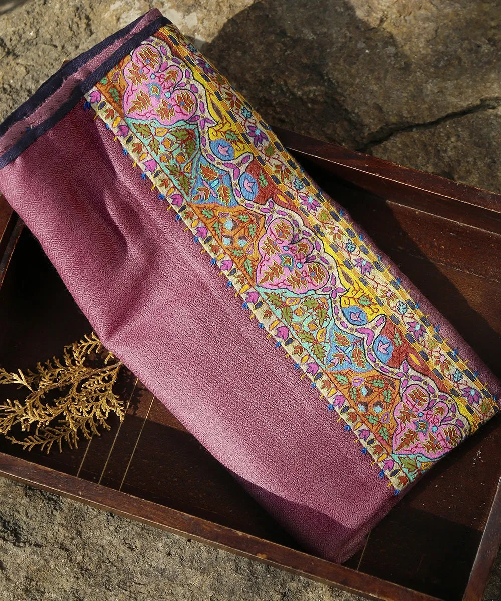 Mauve Pure Pashmina Scarf With Applique Border In Kalamkari