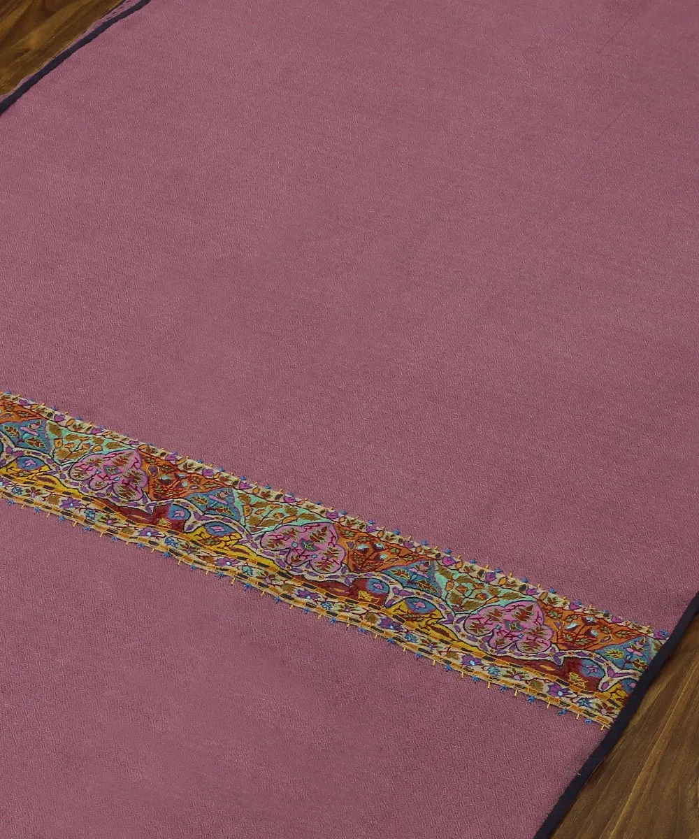 Mauve Pure Pashmina Scarf With Applique Border In Kalamkari