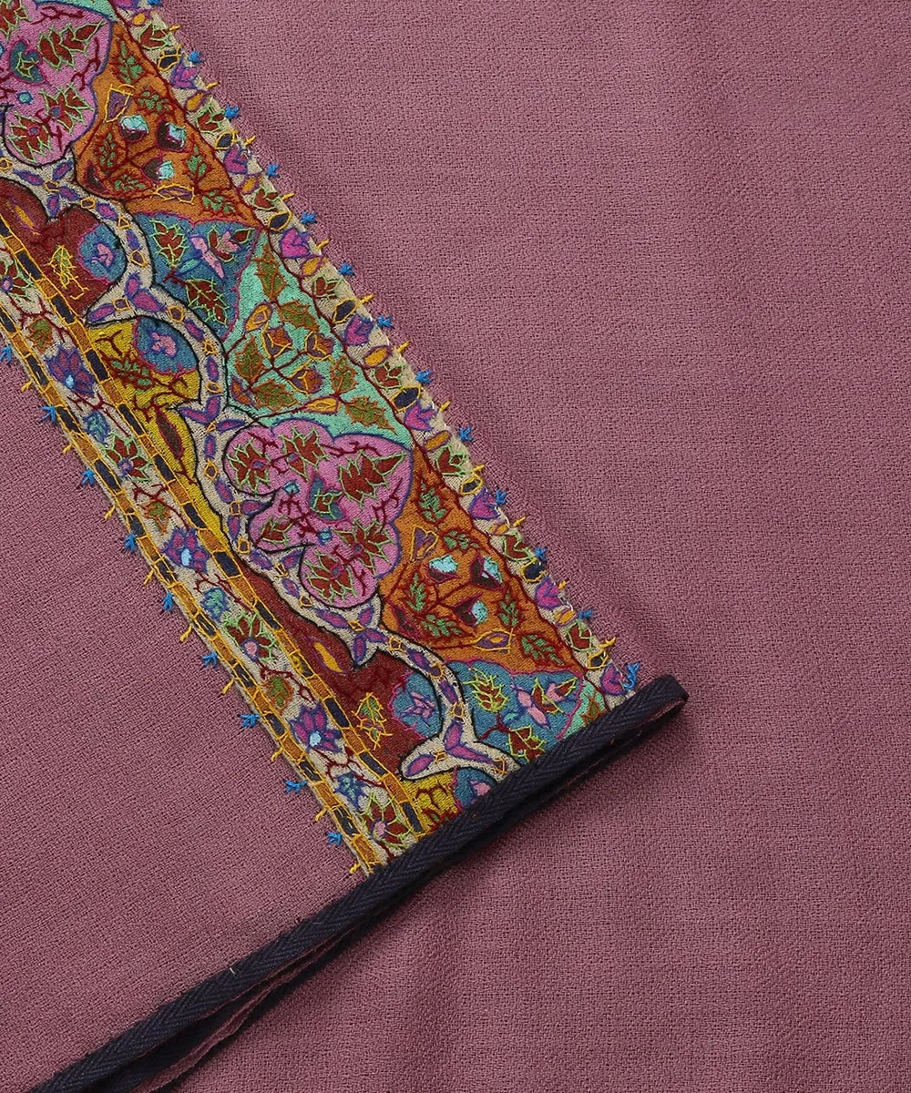 Mauve Pure Pashmina Scarf With Applique Border In Kalamkari