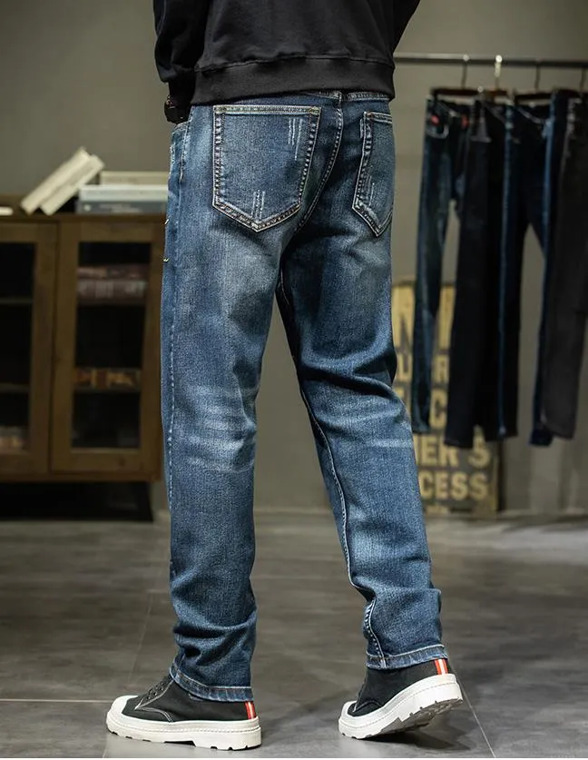 Men's Chinese Style Denim Embroidery Straight Leg Casual Trousers