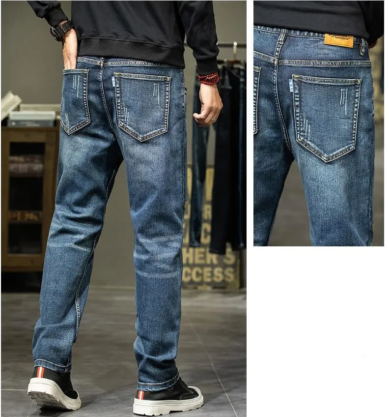 Men's Chinese Style Denim Embroidery Straight Leg Casual Trousers