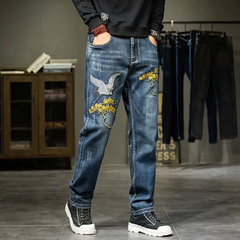 Men's Chinese Style Denim Embroidery Straight Leg Casual Trousers