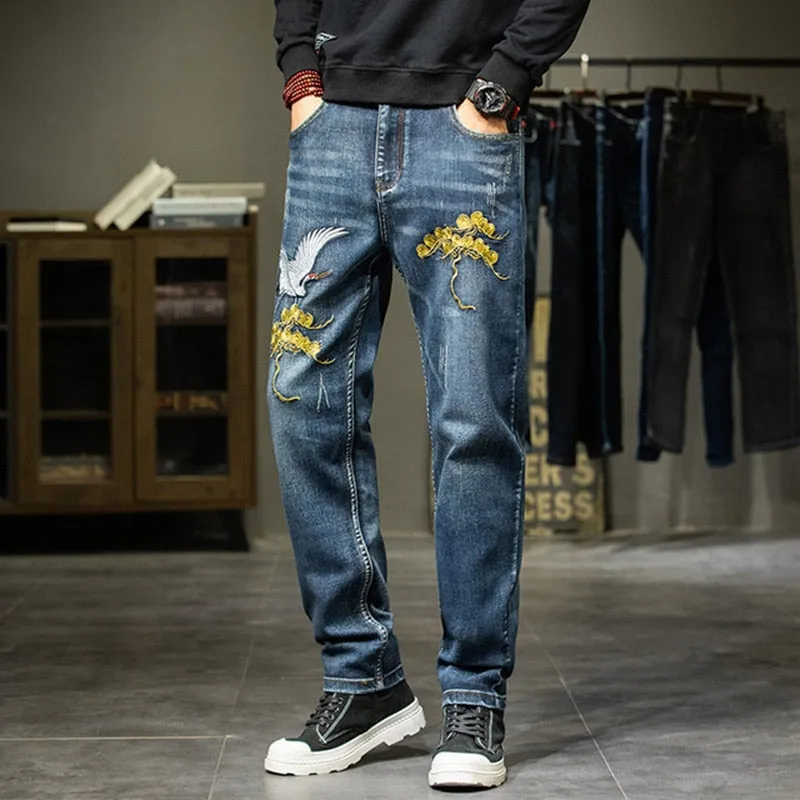 Men's Chinese Style Denim Embroidery Straight Leg Casual Trousers