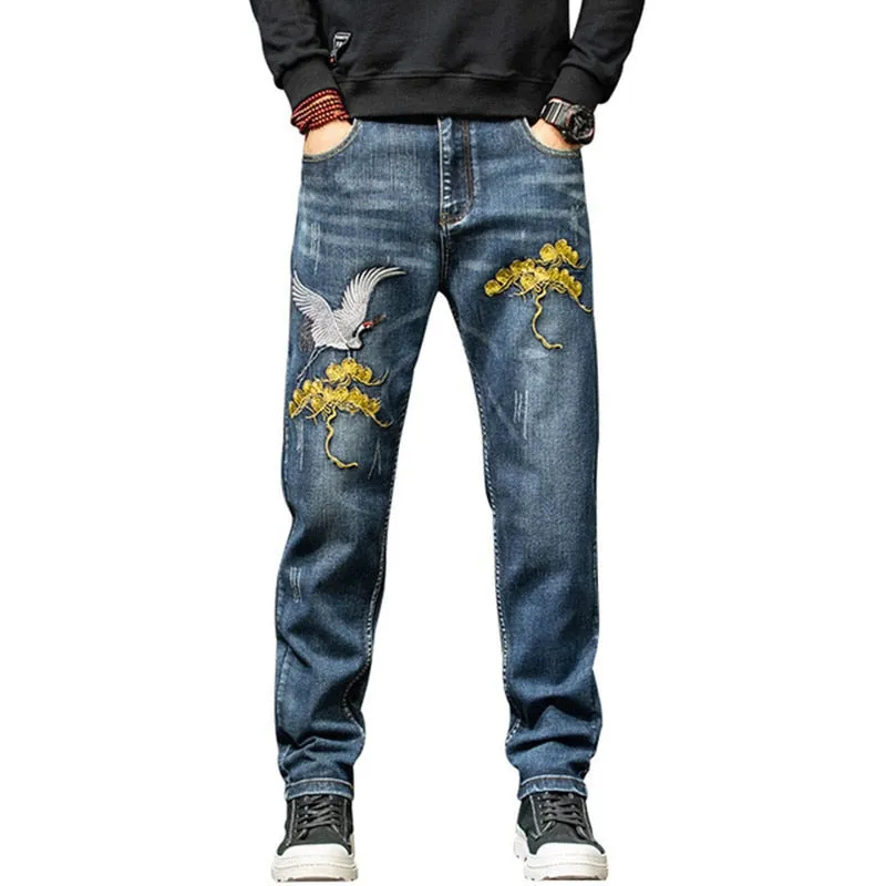 Men's Chinese Style Denim Embroidery Straight Leg Casual Trousers