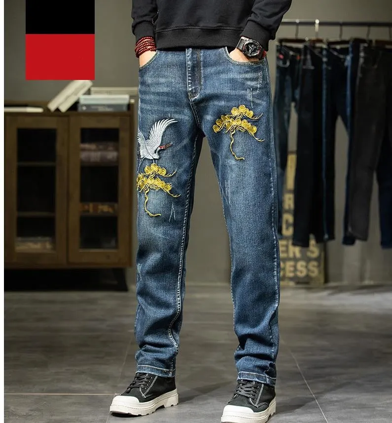 Men's Chinese Style Denim Embroidery Straight Leg Casual Trousers