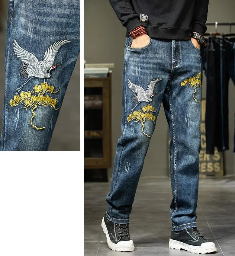 Men's Chinese Style Denim Embroidery Straight Leg Casual Trousers