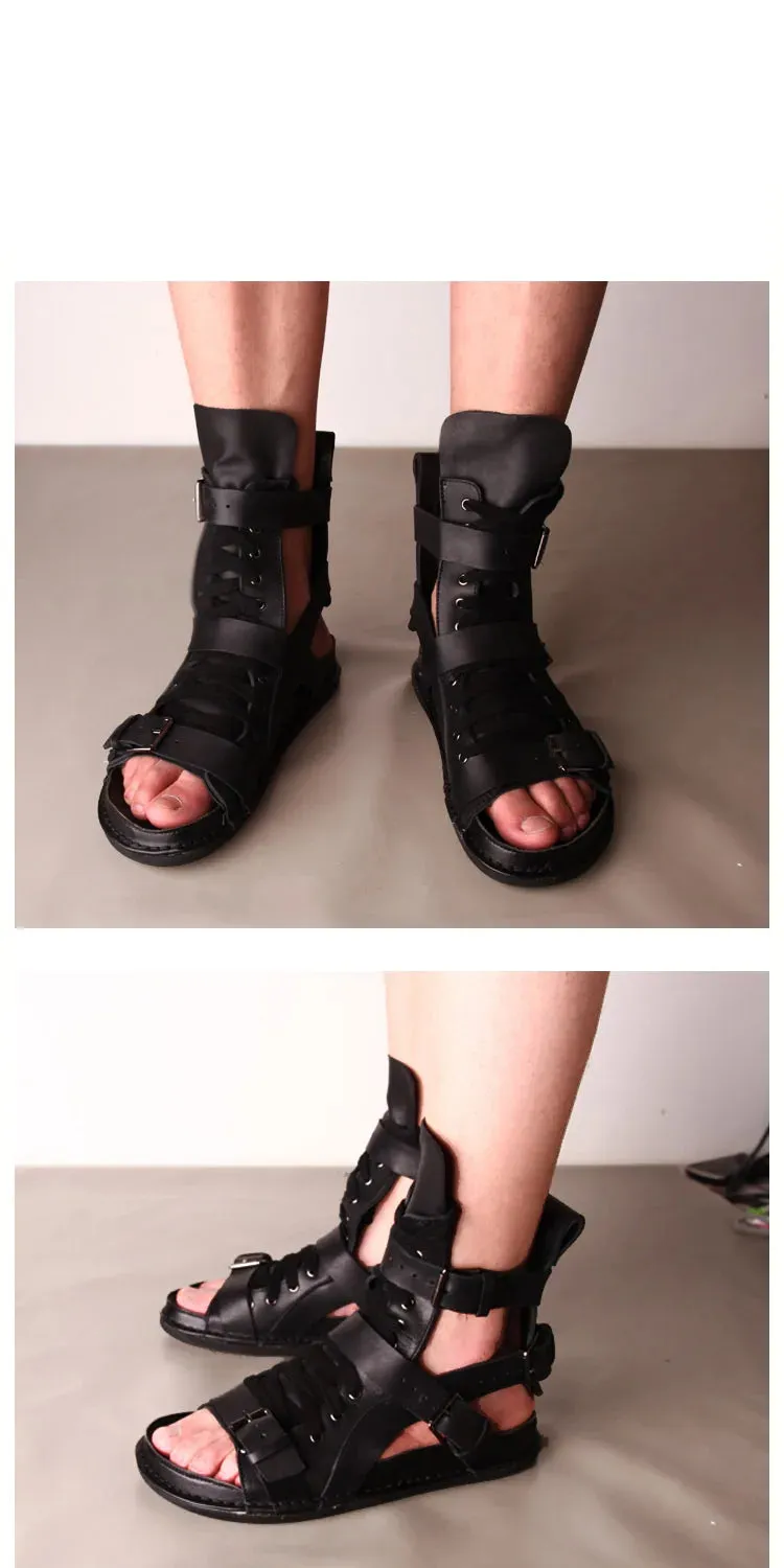 Men's Summer Solid Black High-top Genuine Leather Gladiator Sandals