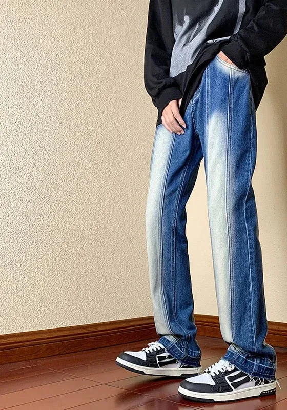 Men's Vintage Stonewash Pattern Straight Slim Fit Jeans Trousers