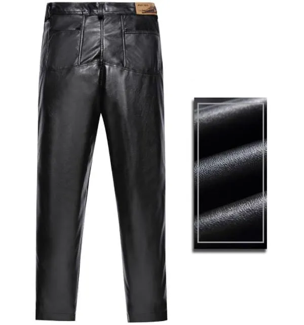 Men's Winter Warm Locomotive Synthetic Leather Casual Brushed Trousers