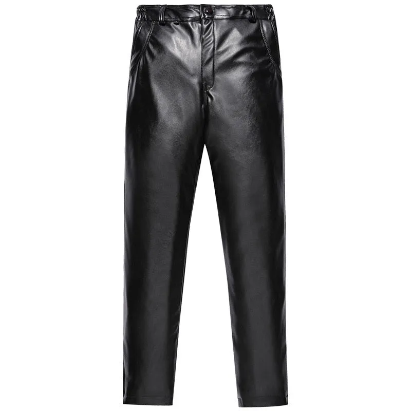 Men's Winter Warm Locomotive Synthetic Leather Casual Brushed Trousers