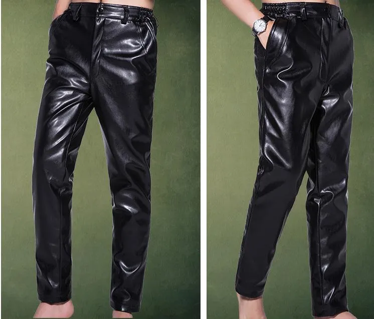 Men's Winter Warm Locomotive Synthetic Leather Casual Brushed Trousers