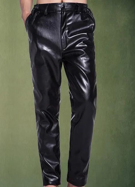 Men's Winter Warm Locomotive Synthetic Leather Casual Brushed Trousers