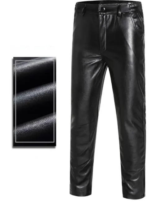 Men's Winter Warm Locomotive Synthetic Leather Casual Brushed Trousers