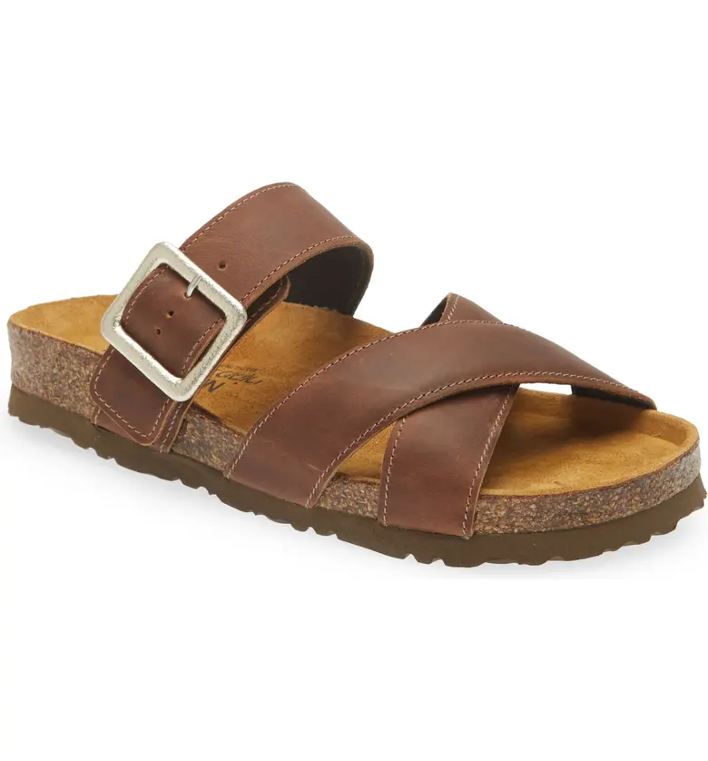 Naot Womens Chicago Strappy Slide Sandal- Saddle Brown Leather