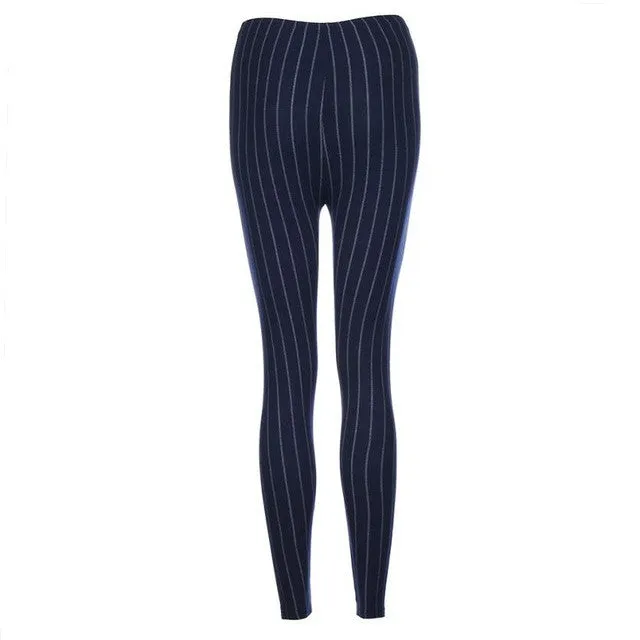 New Arrival Women Leggings Elasticity Skinny Striped Stretchy Long Pants Leggings Ladies Black Blue pantalones mujer #53 GS