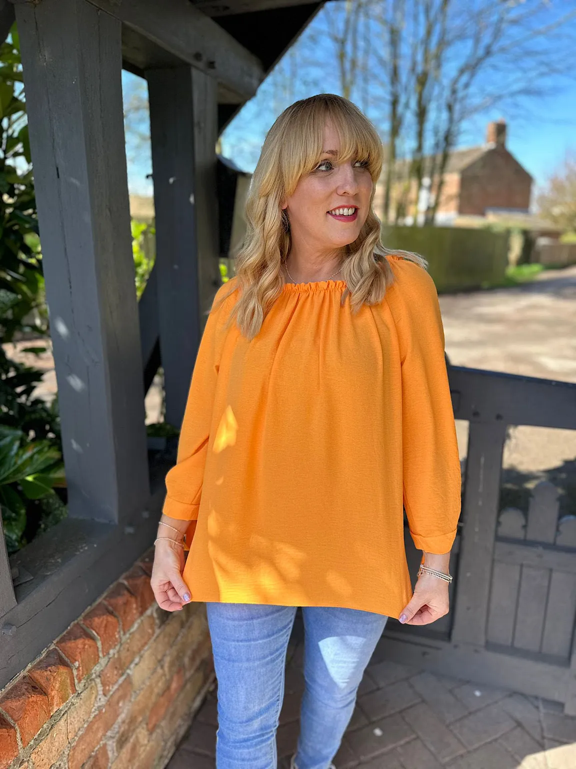 Orange Tied Sleeve Bardot Top Trinity