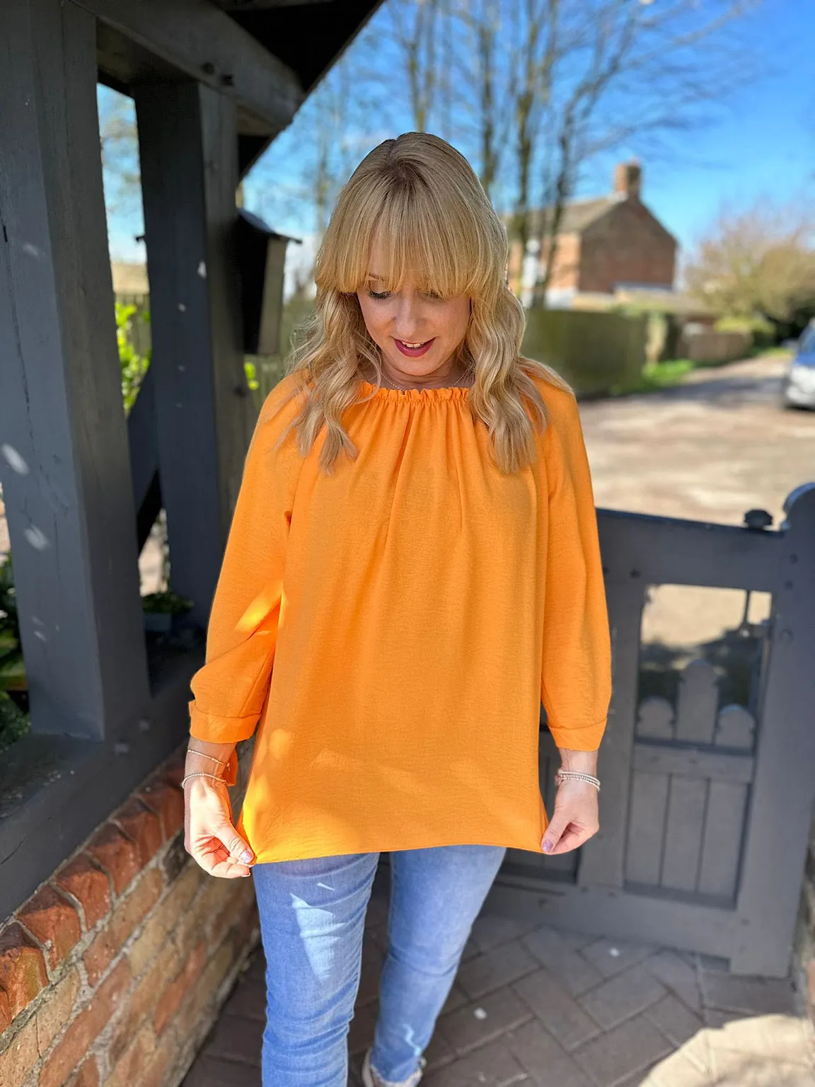 Orange Tied Sleeve Bardot Top Trinity