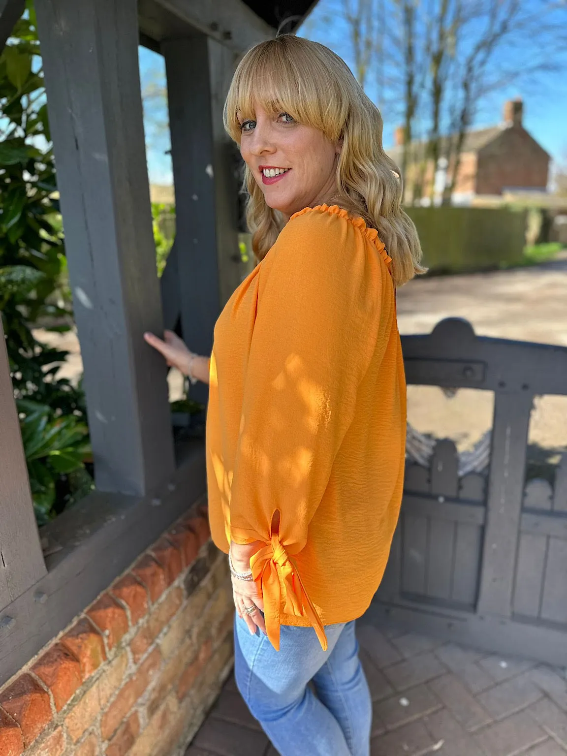 Orange Tied Sleeve Bardot Top Trinity