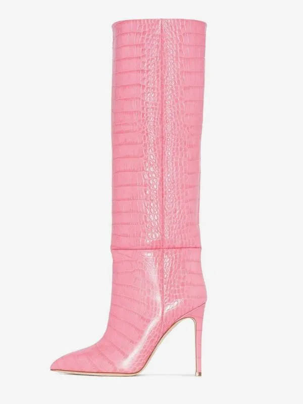 Pink Knee High Boots Croc Pattern Pointed Toe High Heel Boots