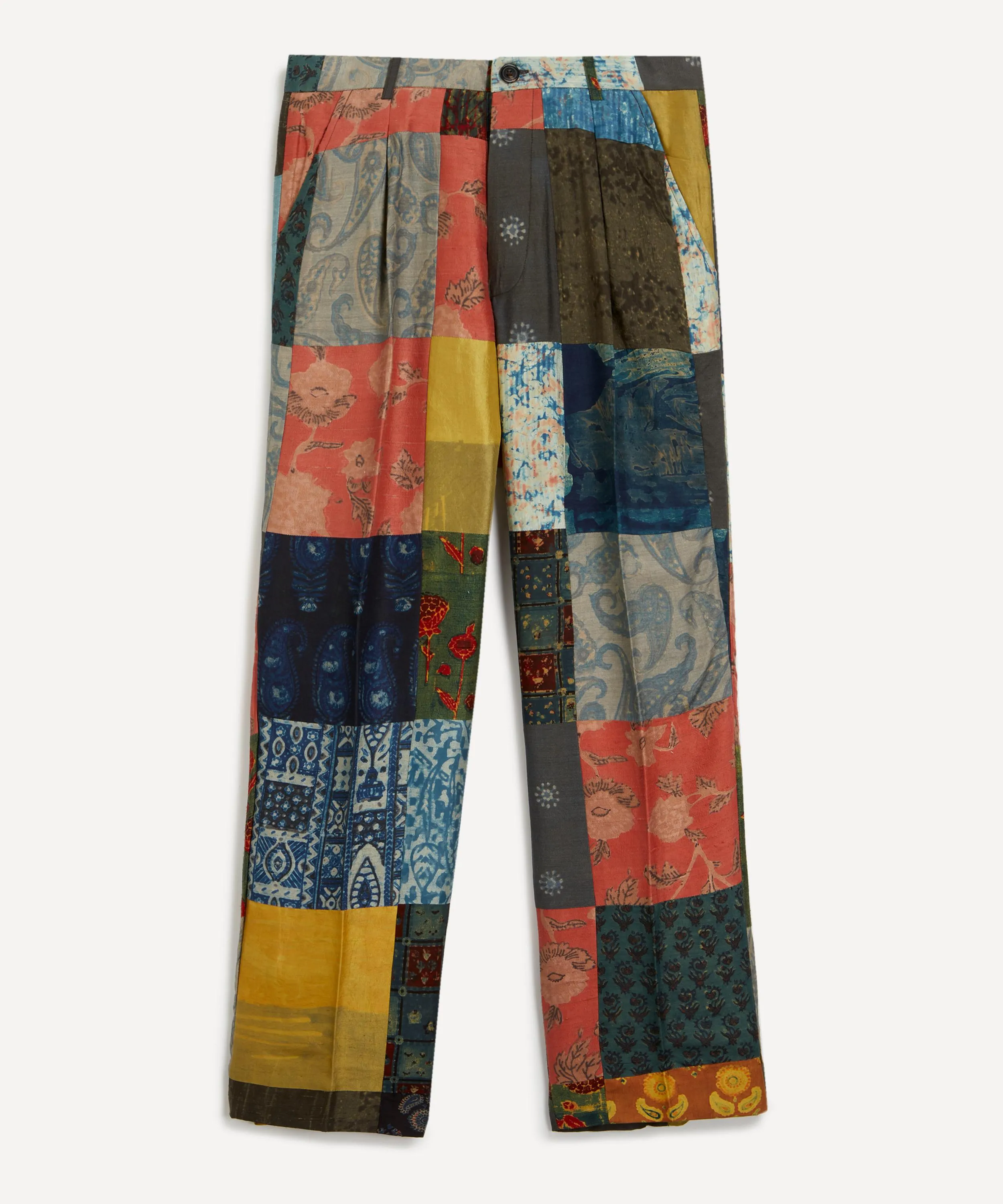 Pleated Patchwork Silk Trousers