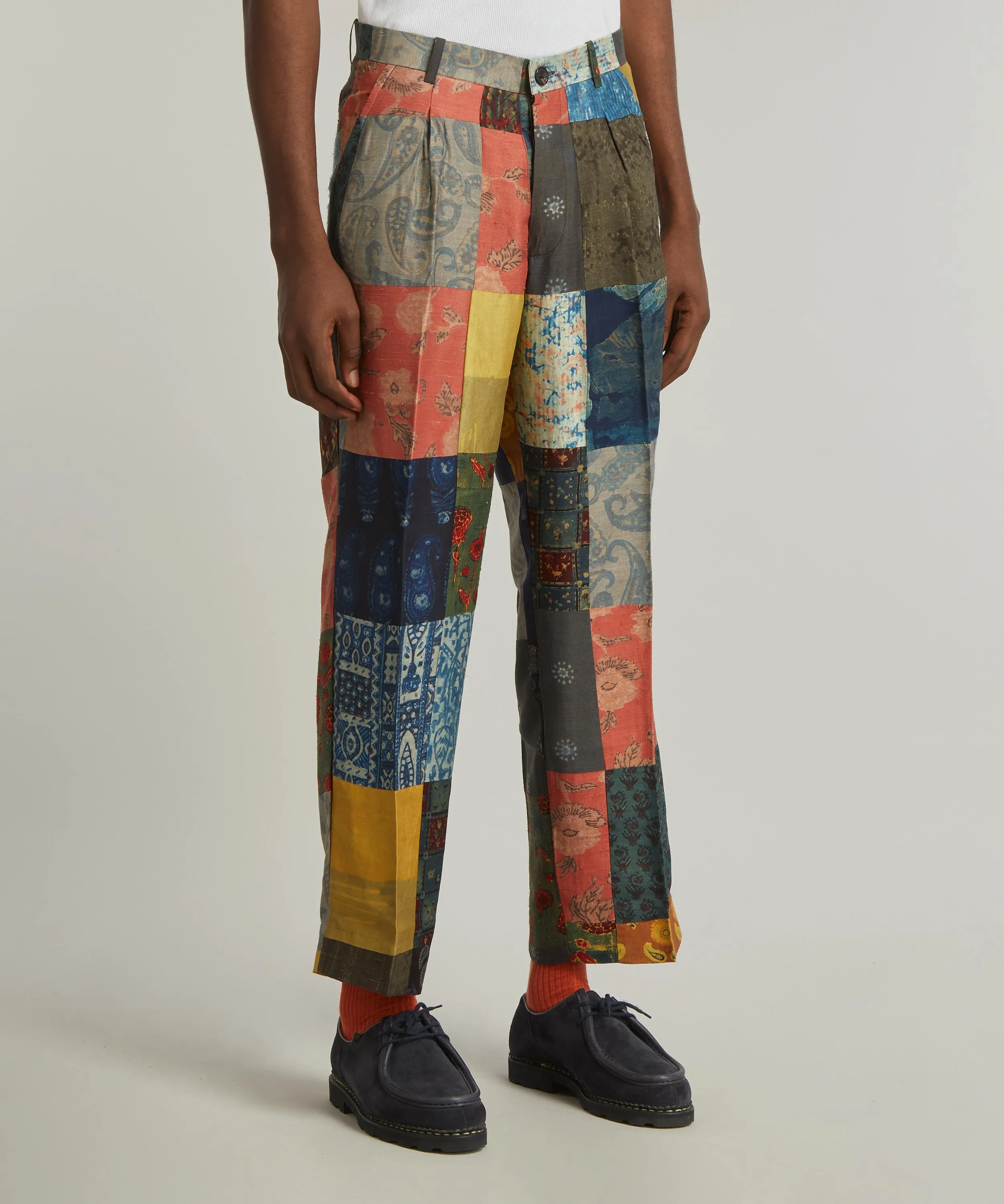 Pleated Patchwork Silk Trousers