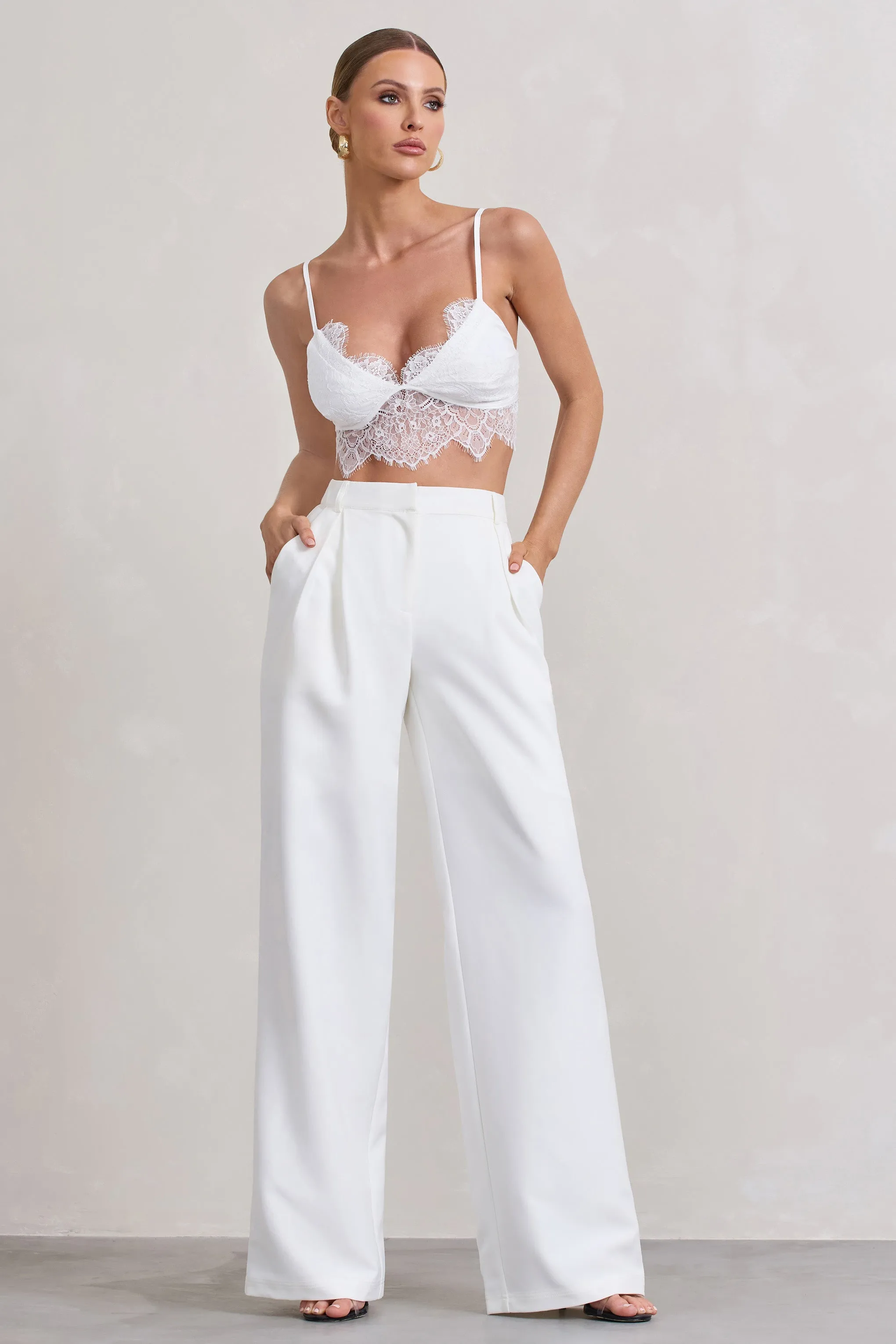 Raina | White High Waist Pleated Wide-Leg Trousers