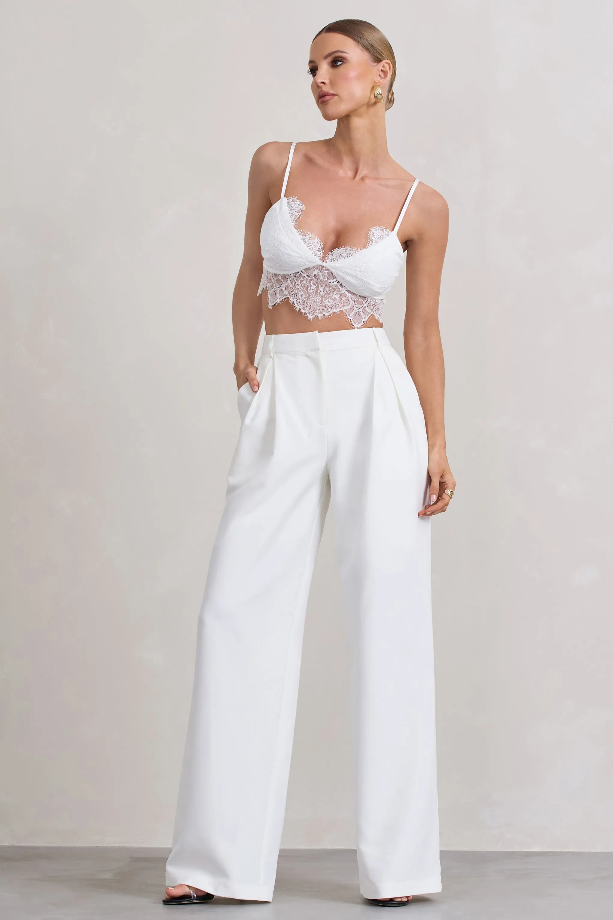 Raina | White High Waist Pleated Wide-Leg Trousers