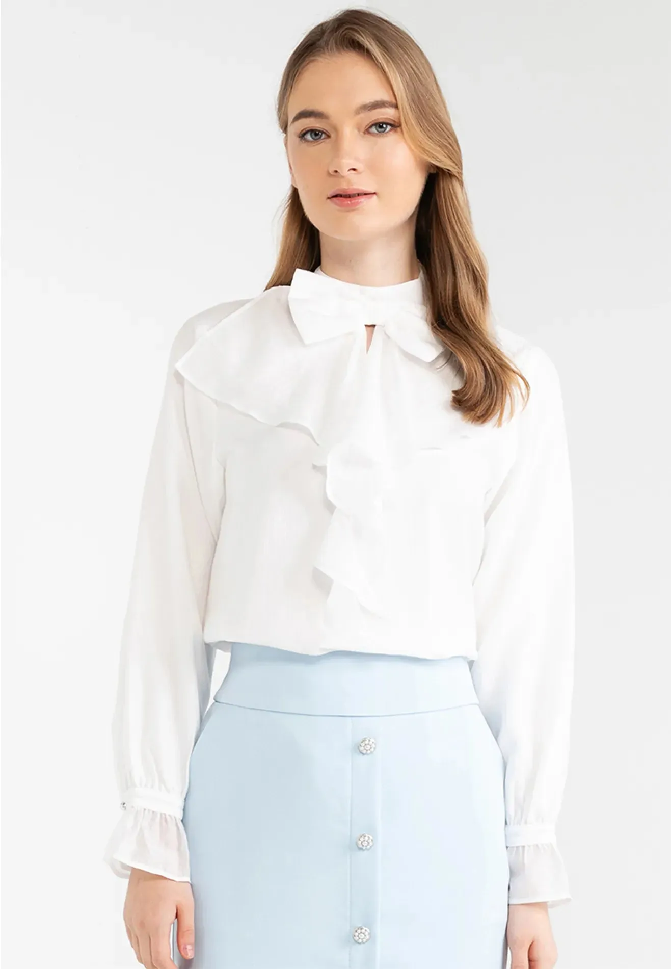 Ribbon Tie Ruffle Detail Blouse