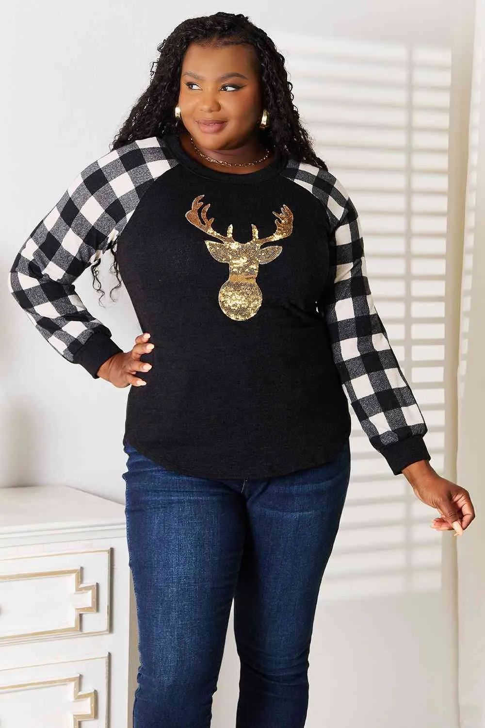 Sequin Reindeer Graphic Plaid Top - White