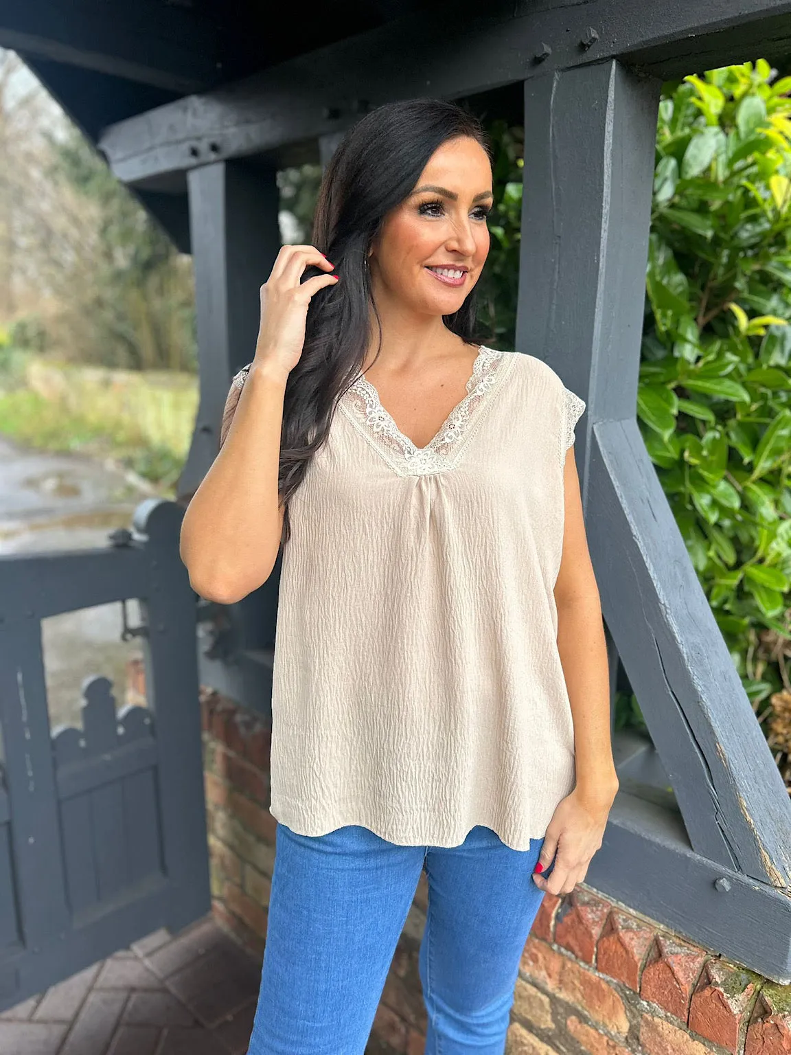 Stone V Neck Lace Trim Top Brianna