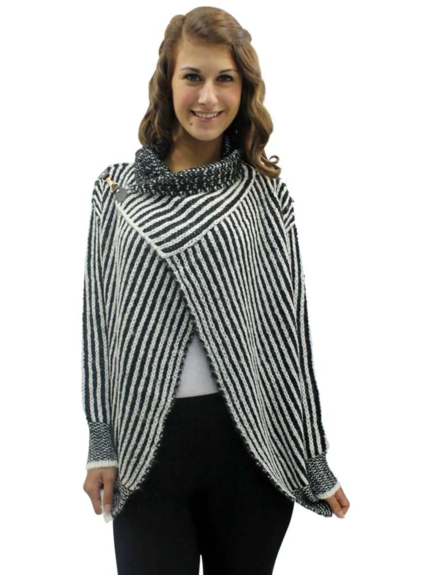 Striped Black & White Draped Cardigan Sweater