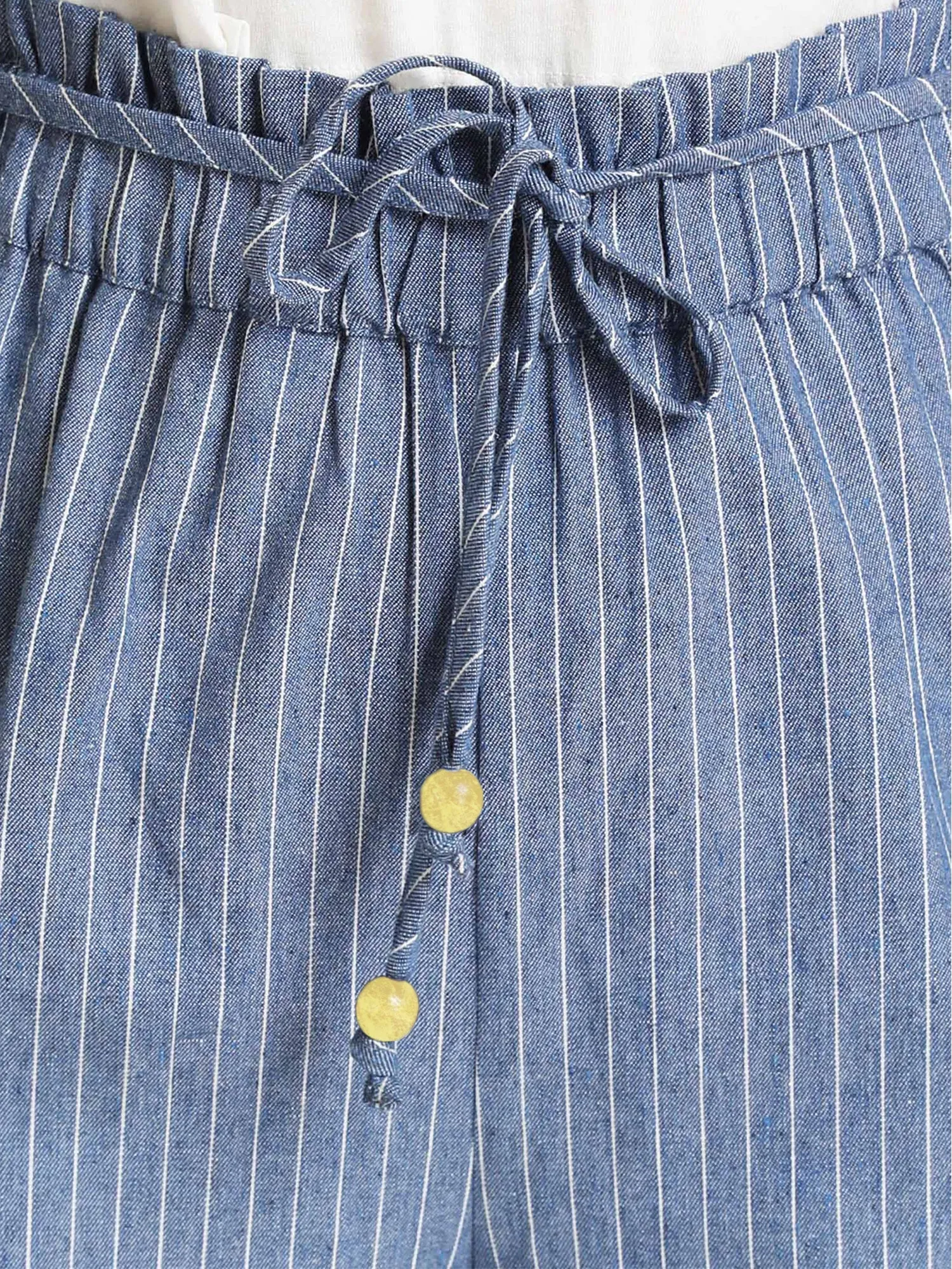 Striped Denimized Culottes With String Tie-Up