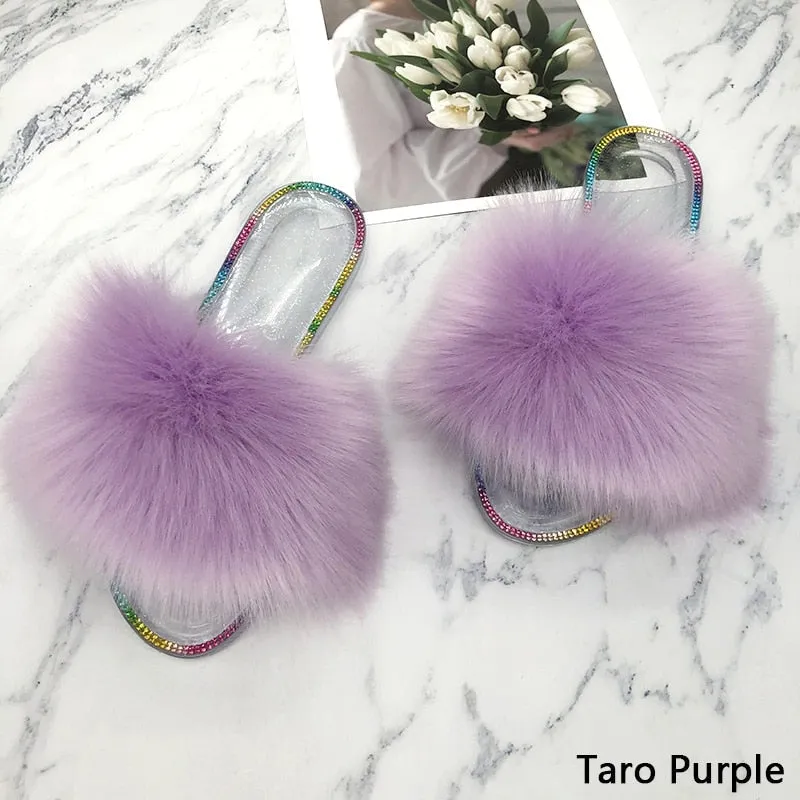 Summer Casual Taro Purple Synthetic Fur Crystal House Slippers for Women