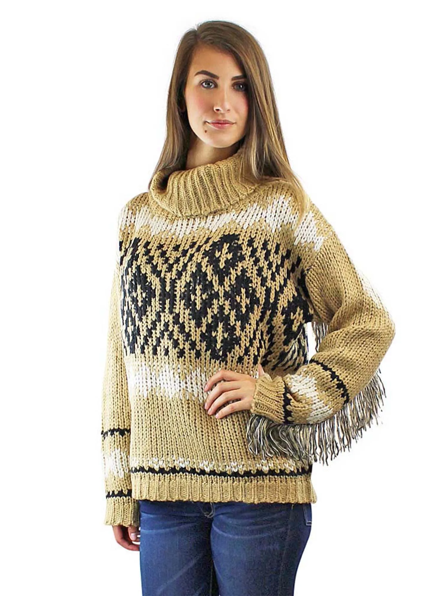 Tan Knit Turtleneck Sweater With Fringed Sleeves